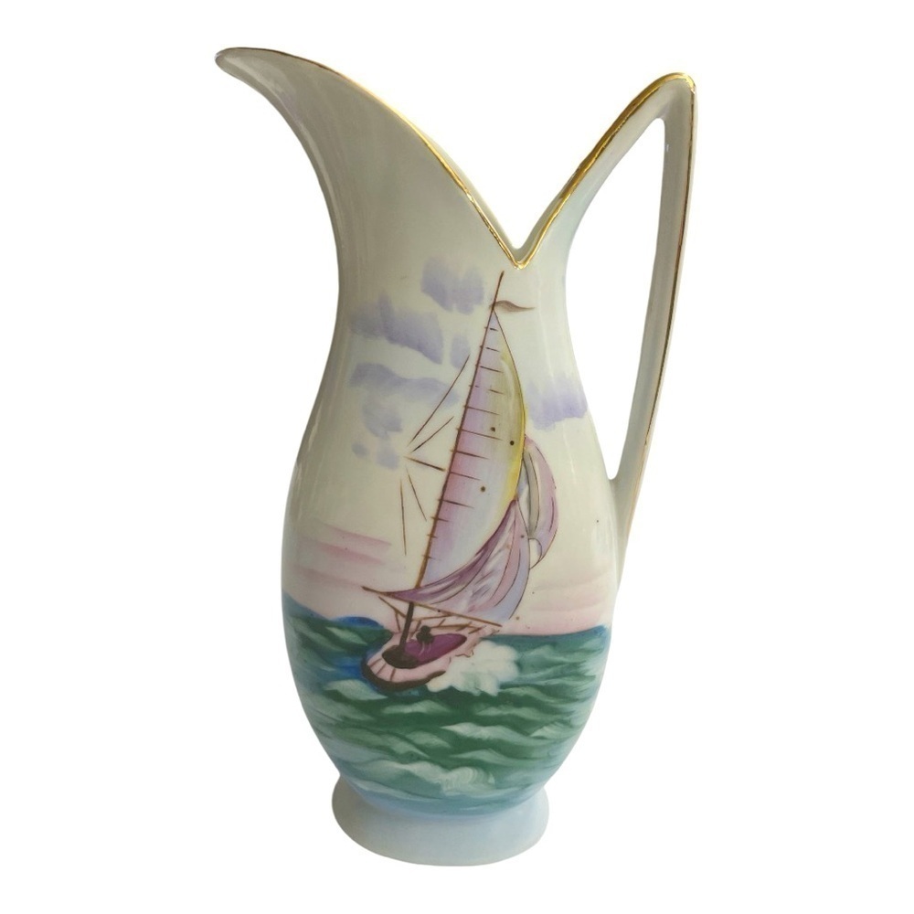 Vintage Ucagco Hand Painted
Nautical Sailboat Ship Japan Ceramic
Water Pitcher